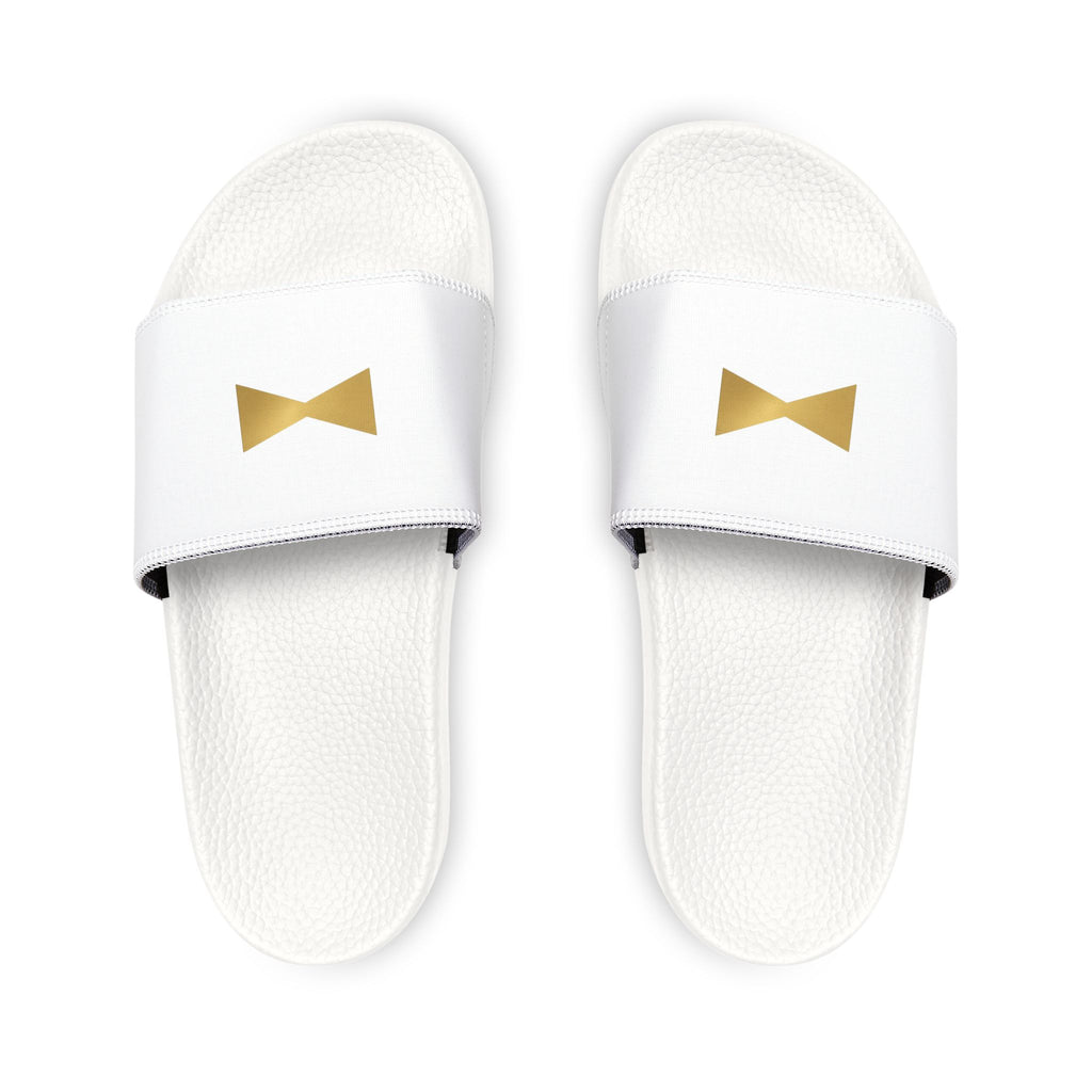 Men's White Slide Sandals with Gold Bow Logo — Removable Strap Comfort Slides