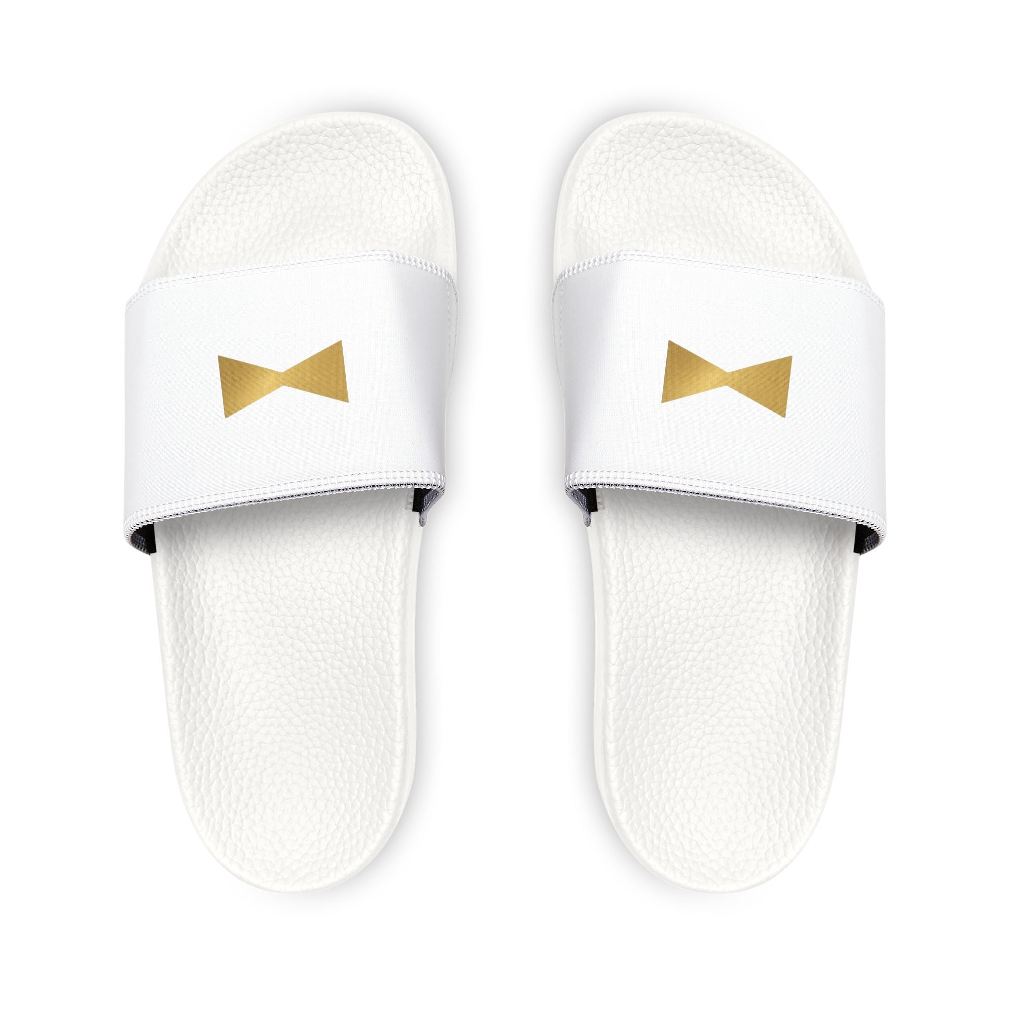 Men's White Slide Sandals with Gold Bow Logo — Removable Strap Comfort Slides