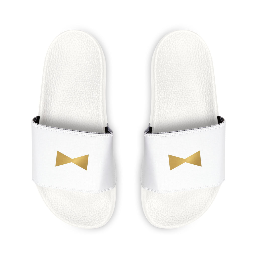 Men's White Slide Sandals with Gold Bow Logo — Removable Strap Comfort Slides