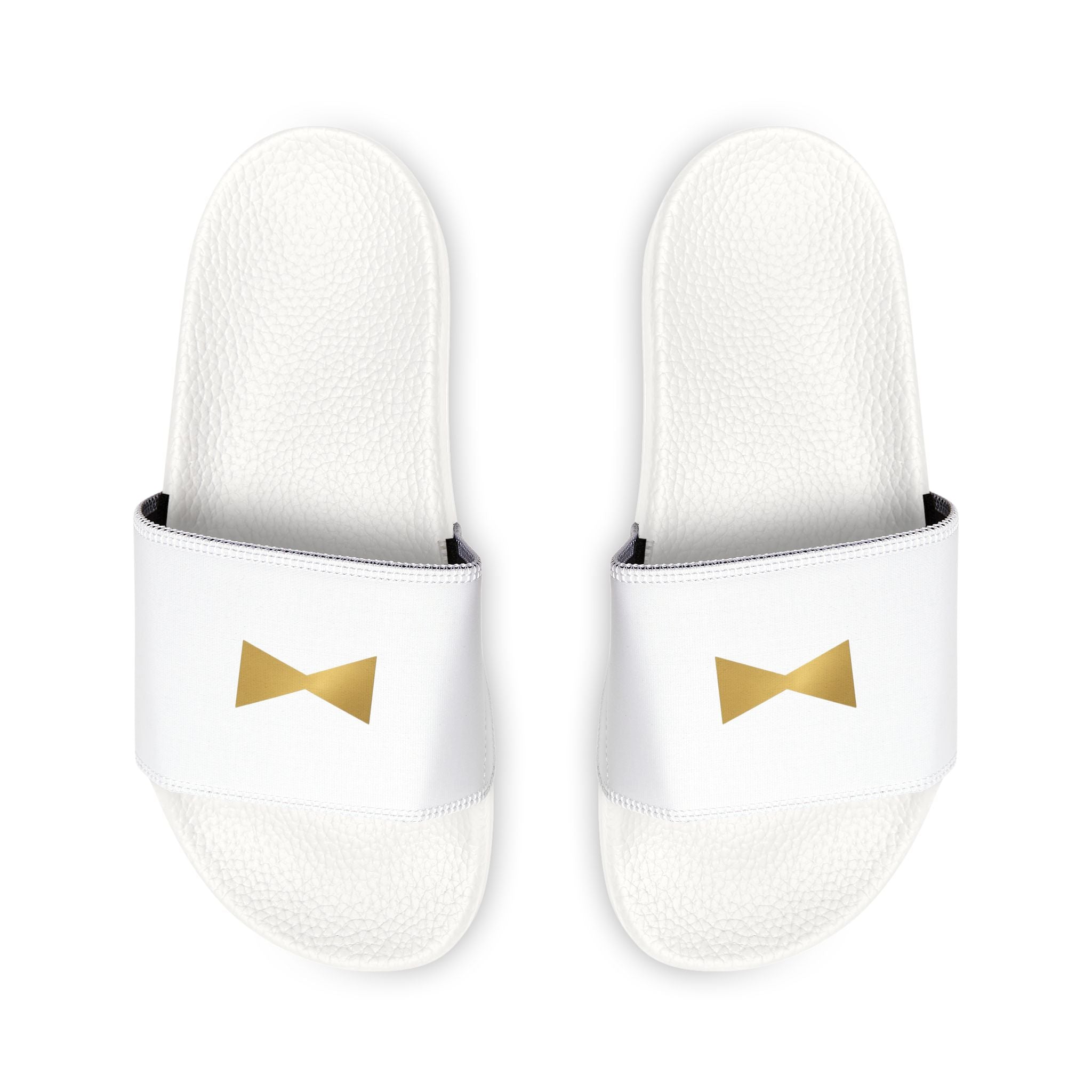 Men's White Slide Sandals with Gold Bow Logo — Removable Strap Comfort Slides