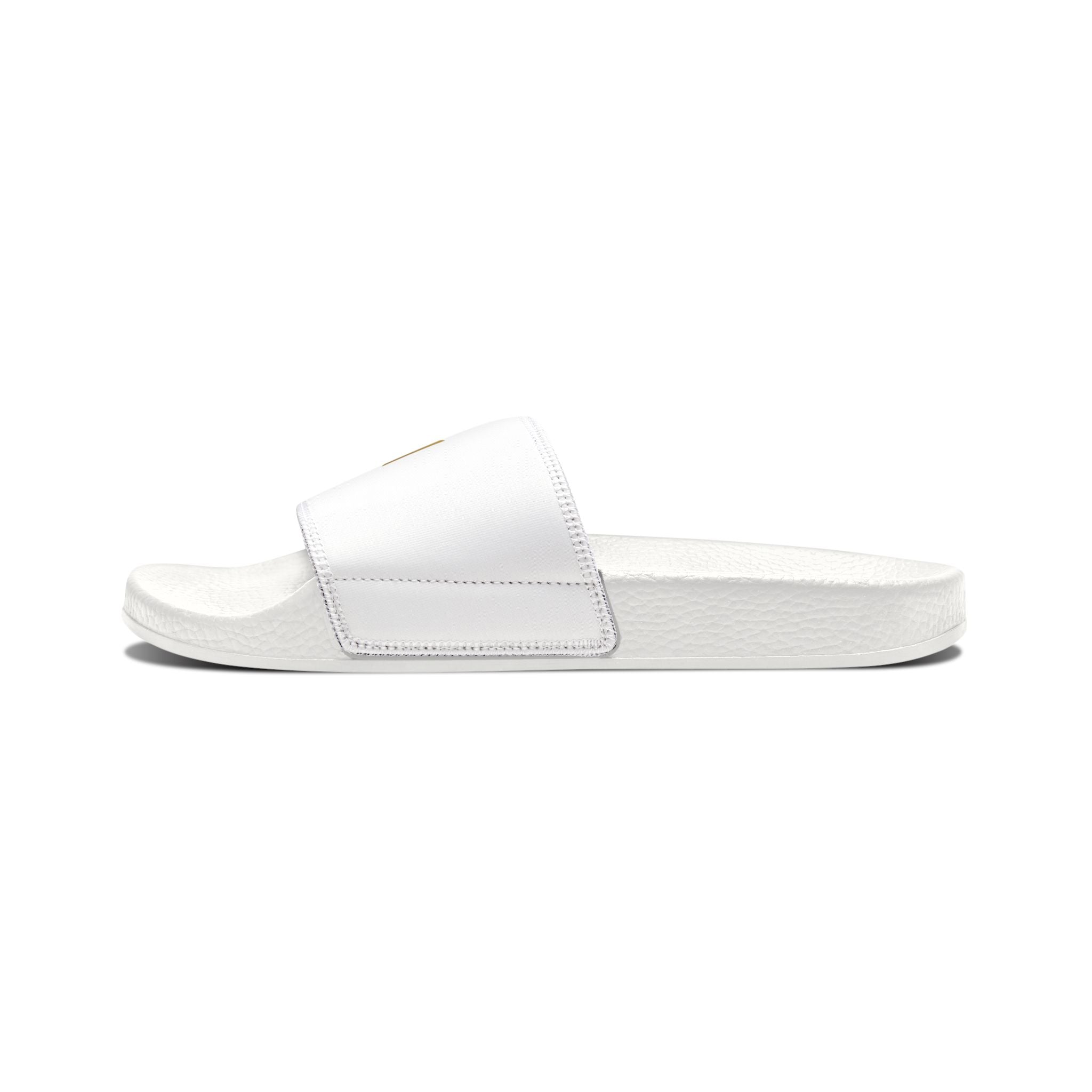 Men's White Slide Sandals with Gold Bow Logo — Removable Strap Comfort Slides